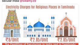 No, temples are not charged more for electricity than mosques and churches in Tamil Nadu