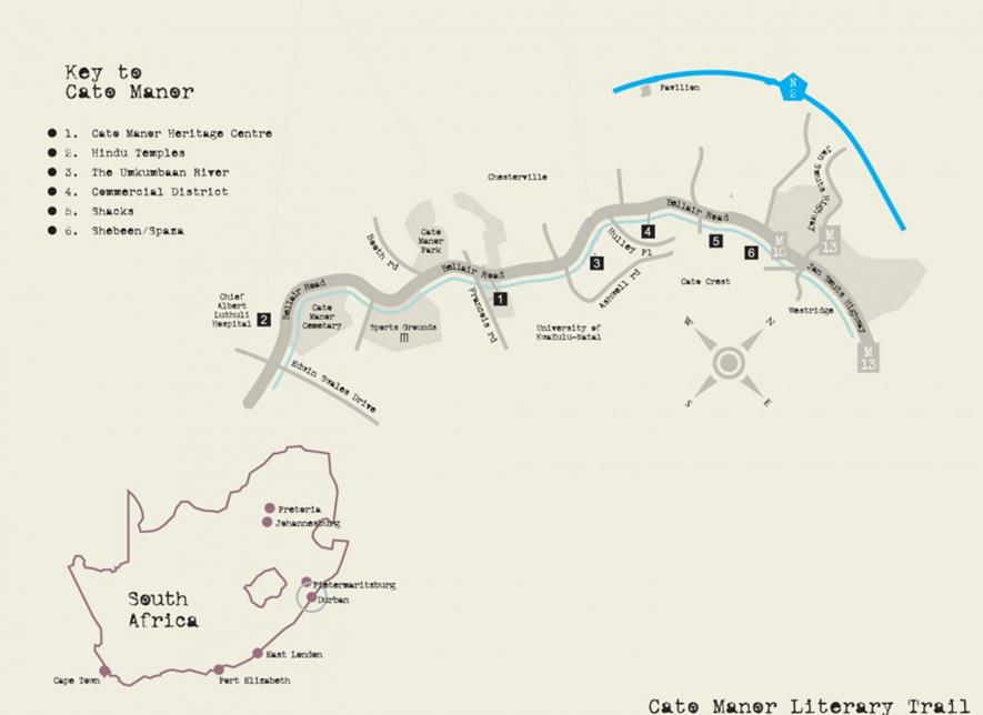Undated: Map of the Cato Manor literary trail. Ronnie Govender’s writing was profoundly influenced by Cato Manor’s forced removals, which displaced 180 000 people. (Image courtesy of KwaZulu-Natal Literary Tourism)