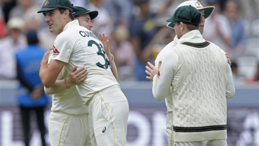 Australian players hug each other to celebrate after their win in the second Ashes Test match against England, at Lord's cricket ground in London, on Sunday, July 2, 2023. Image Courtesy: AP/PTI