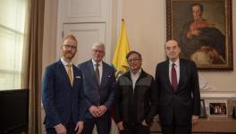 (Left to right) Wikileaks’ Joseph Farrell and Kristinn Hrafnsson, met Colombian president Gustavo Petro and foreign minister Alvaro Leyva Duran in Bogota on November 21. 