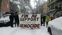 Montrealers are rallying outside Foreign Affairs Minister Melanie Joly’s home, calling for an end to Canada’s military and diplomatic support for Israeli genocide. Photo: IJV