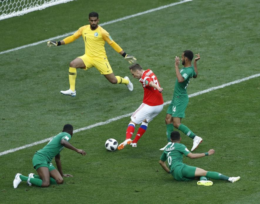 Russia's Denis Cheryshev scores against Saudi Arabia in FIFA World Cup.