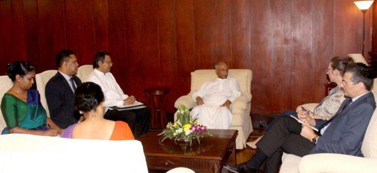Sri Lankan Foreign Minister Dinesh Gunawardena (C) summoned US envoy AlainaTeplitz to convey “strong objections” on the travel restrictions on Army Commander & Actg. Chief of Defence Staff, Colombo, Feb. 16, 2020.