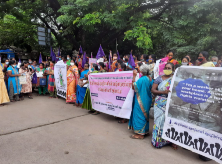 Domestic Workers protest in Chennai demanding revision of minimum wage and regularisation of enrolment in welfare board. (Courtesy: tnlabour.in)
