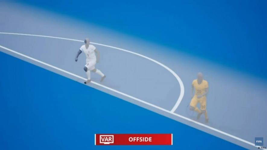 According to the International Football Association: "A player is in an offside position if: any part of the head, body or feet is in the opponents' half (excluding the halfway line) and any part of the head, body or feet is nearer to the opponents' goal line than both the ball and the second-last opponent'