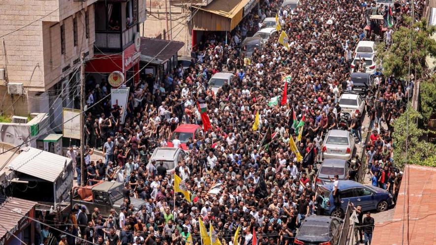 Thousands attend the funeral of Palestinians who were killed during the two-day Israeli aggression on Jenin.