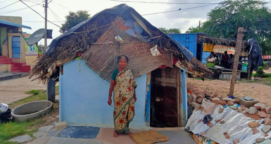 An Anganwadi helper in front of her hut in the Jogulamba Gadwal district of Telangana. A helper’s daily wage is only Rs 300.