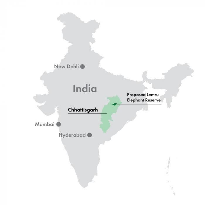 Location of Chhattisgarh and the proposed Lemru Elephant Reserve. Map by AdaniWatch