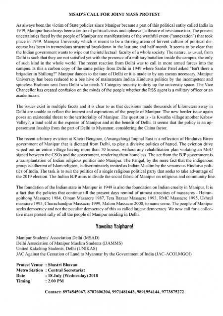 MSAD Calls for Joint Mass protest in Delhi to End the Deadlock at Manipur University